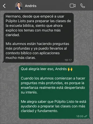 Mensaje de Andrés por WhatsApp sobre Púlpito Listo