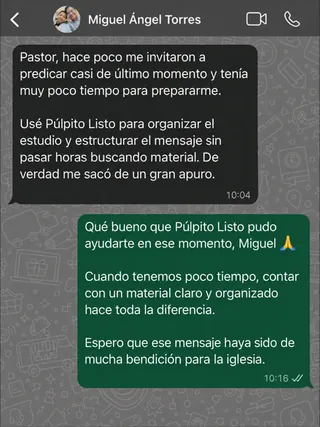 Mensaje de Miguel Ángel Torres por WhatsApp sobre Púlpito Listo