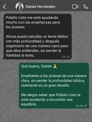 Mensaje de Daniel Hernández por WhatsApp sobre Púlpito Listo
