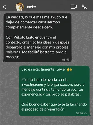 Mensaje de Javier por WhatsApp sobre Púlpito Listo