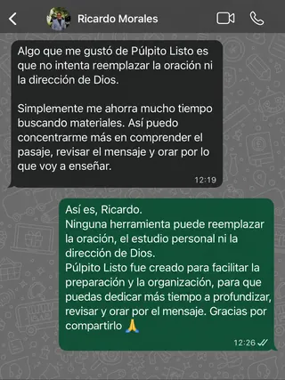 Mensaje de Ricardo Morales por WhatsApp sobre Púlpito Listo