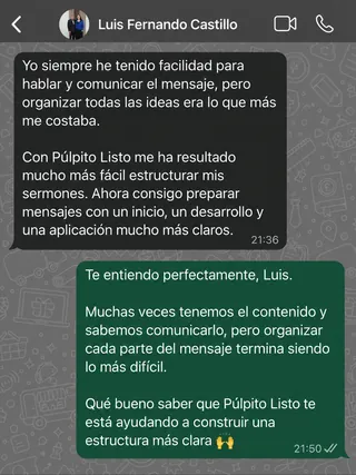 Mensaje de Luis Fernando Castillo por WhatsApp sobre Púlpito Listo